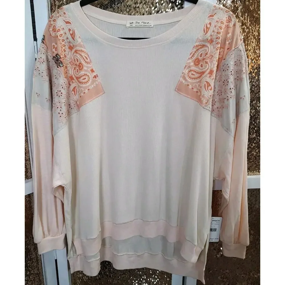 We the Free Feelin It Tee in Peach Floral Embroidered Size Small Oversized